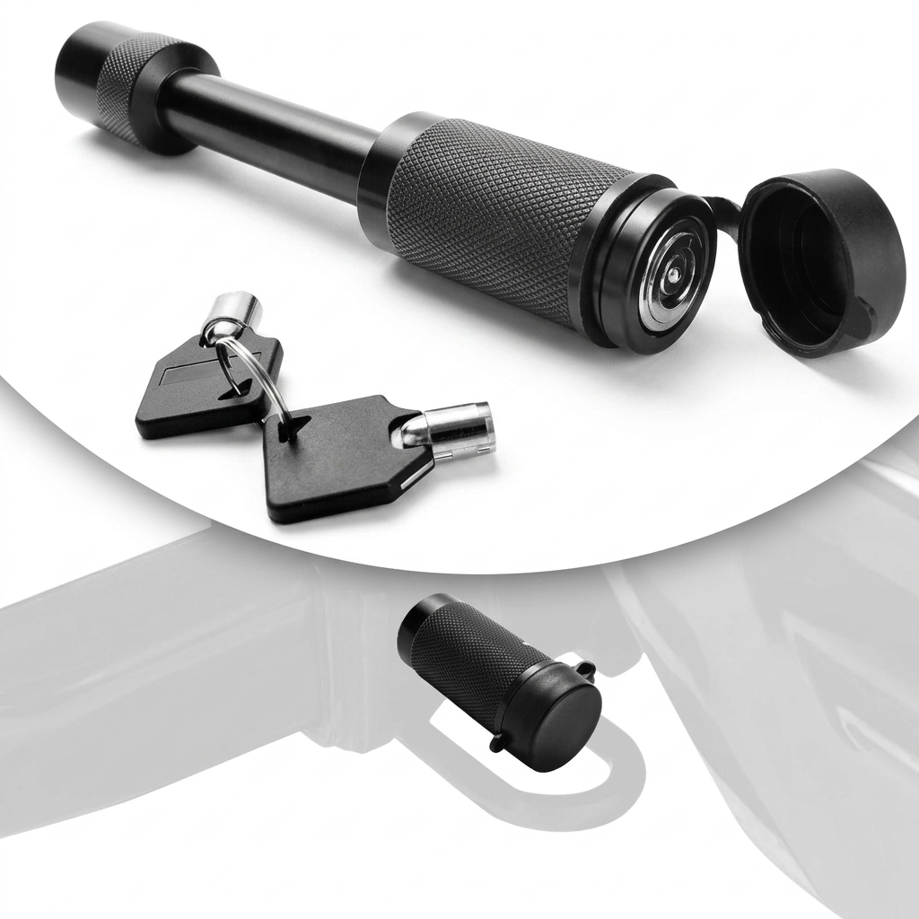 Black locking hitch pin with knurled grips and tethered dust cap