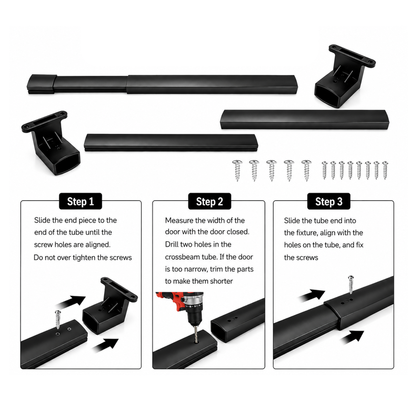 Installation steps for the caravan screen door cross bar handle: slide, measure, drill and fix