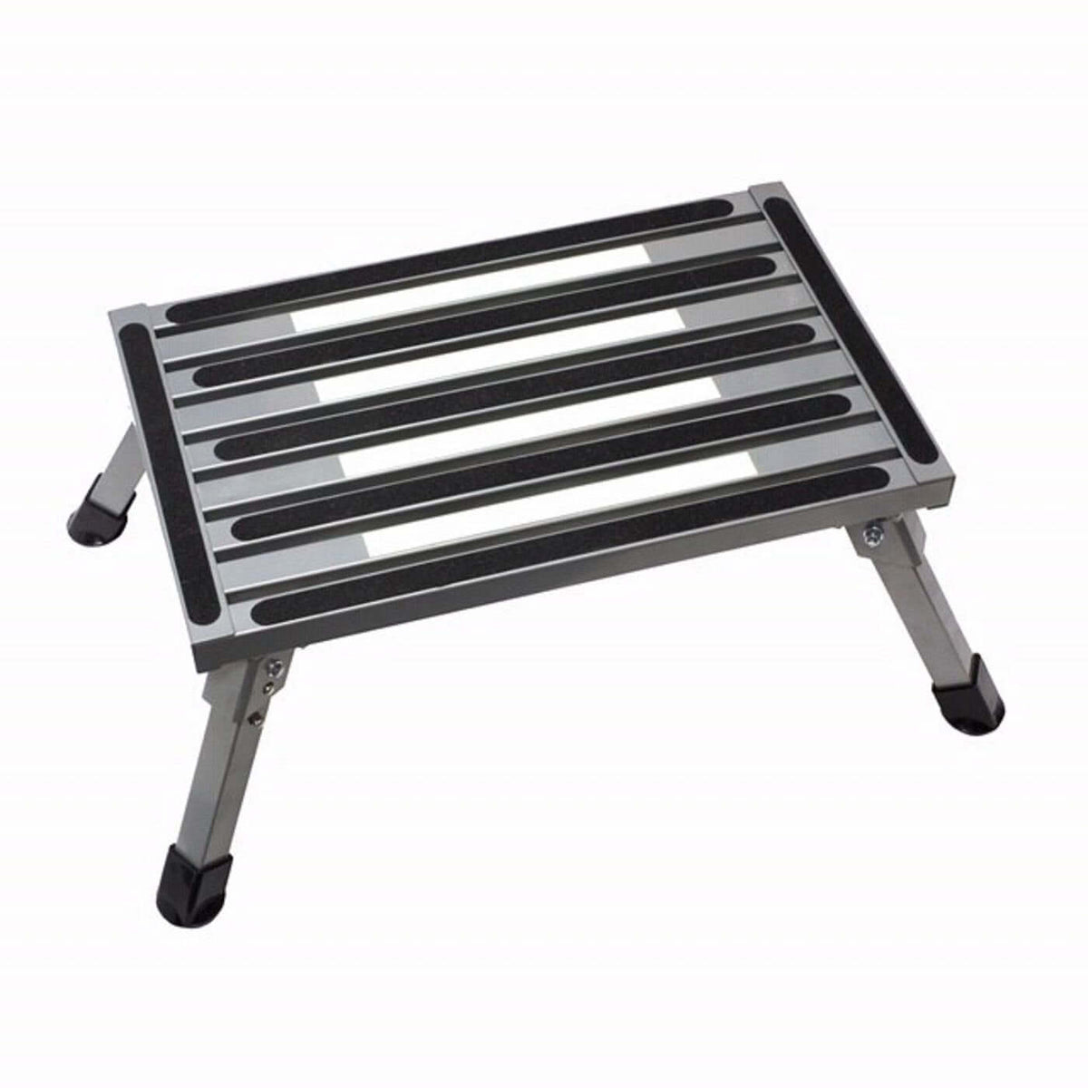 A portable aluminum step stool with black rubberized non-slip grips on the steps and black feet, shown on a plain white background.