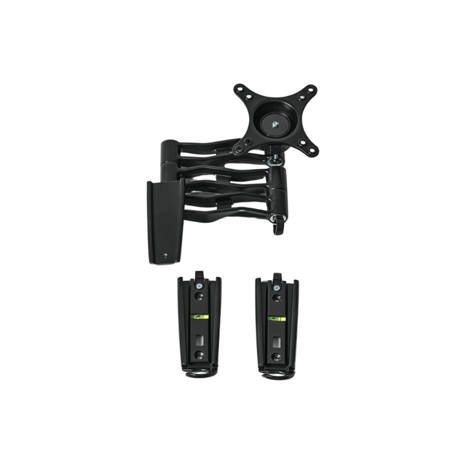 Black adjustable monitor arm with two additional mounting brackets on a white background