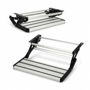 Top view of folded single pull-out caravan step with aluminium tread and 12mm bolt slots