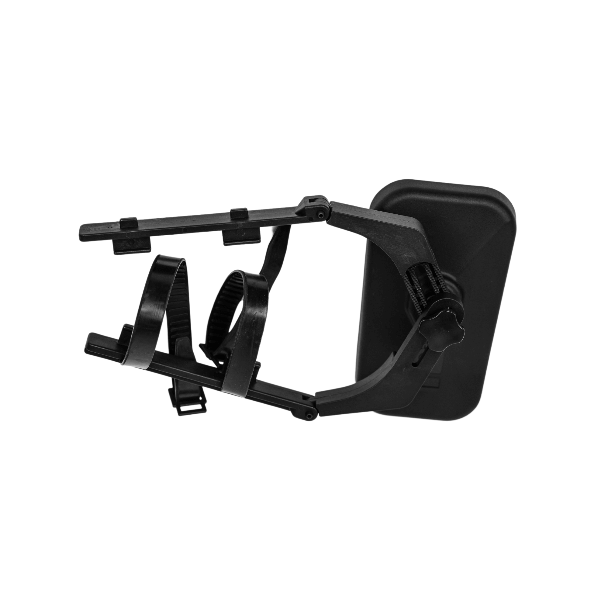 Adjustable towing mirror for caravans, featuring secure straps for enhanced visibility and safety during towing.
