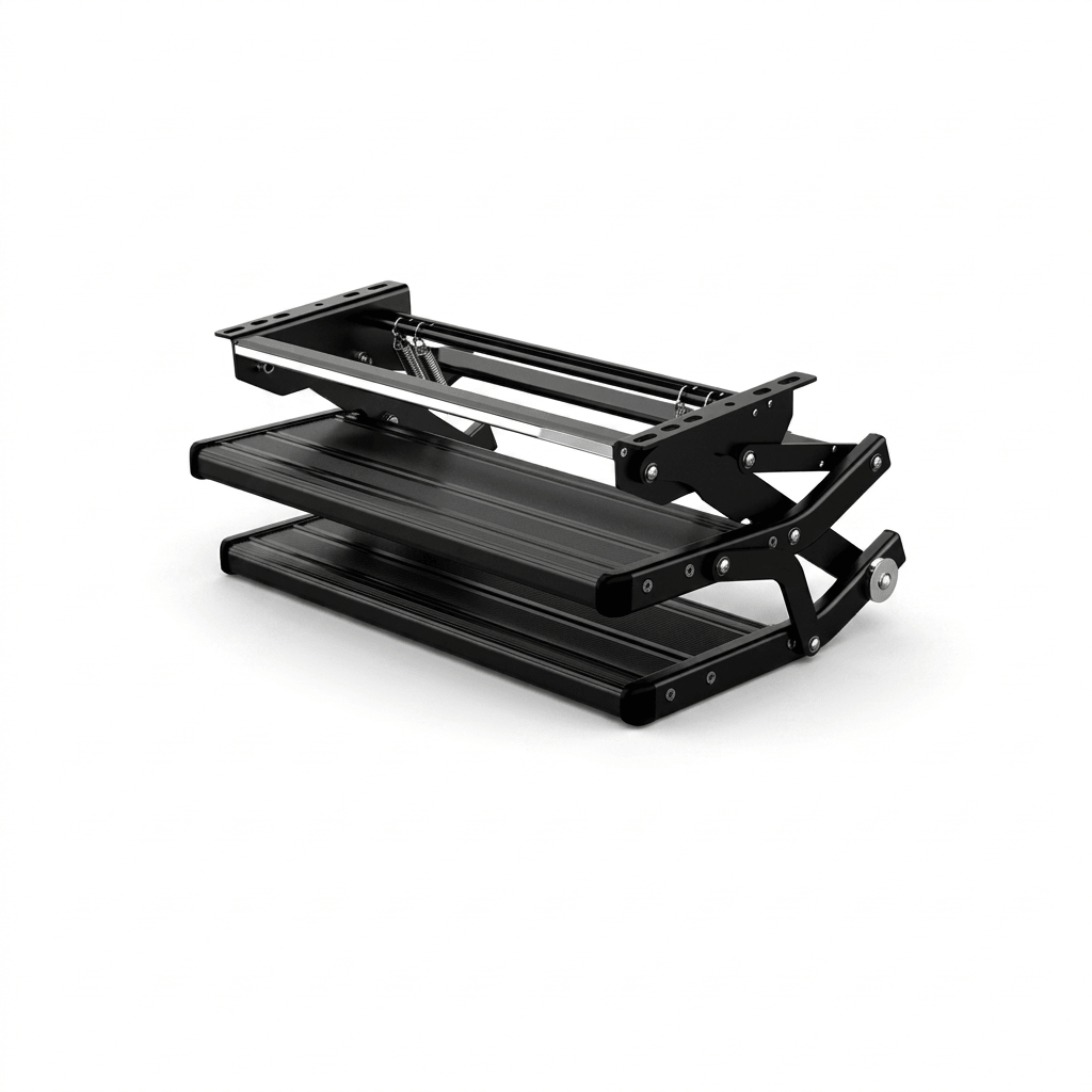 Black double manual caravan step shown folded on a white background