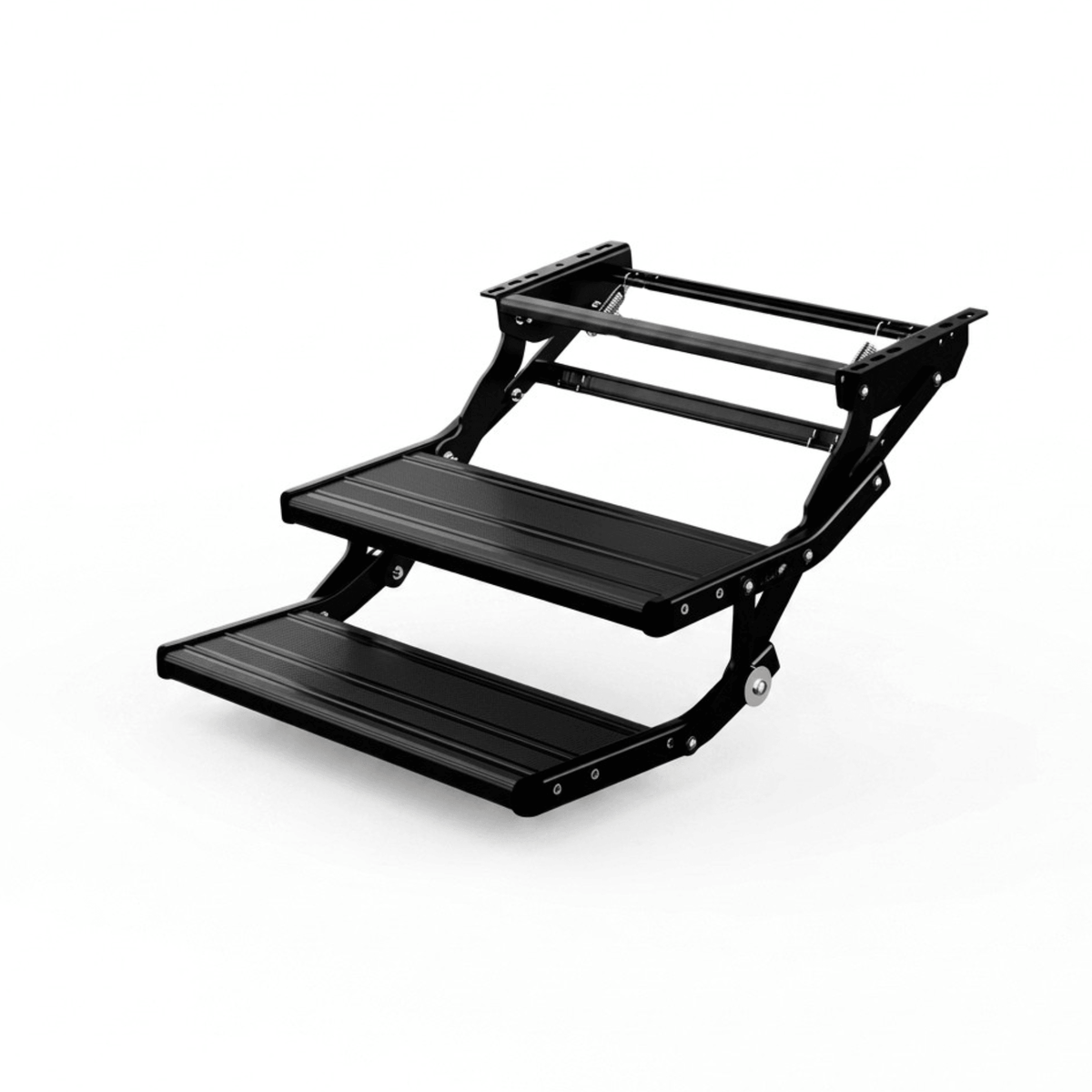 A black metal two-step pet ramp with textured grip surfaces, shown on a clean white background.
