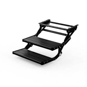 A black metal two-step pet ramp with textured grip surfaces, shown on a clean white background.