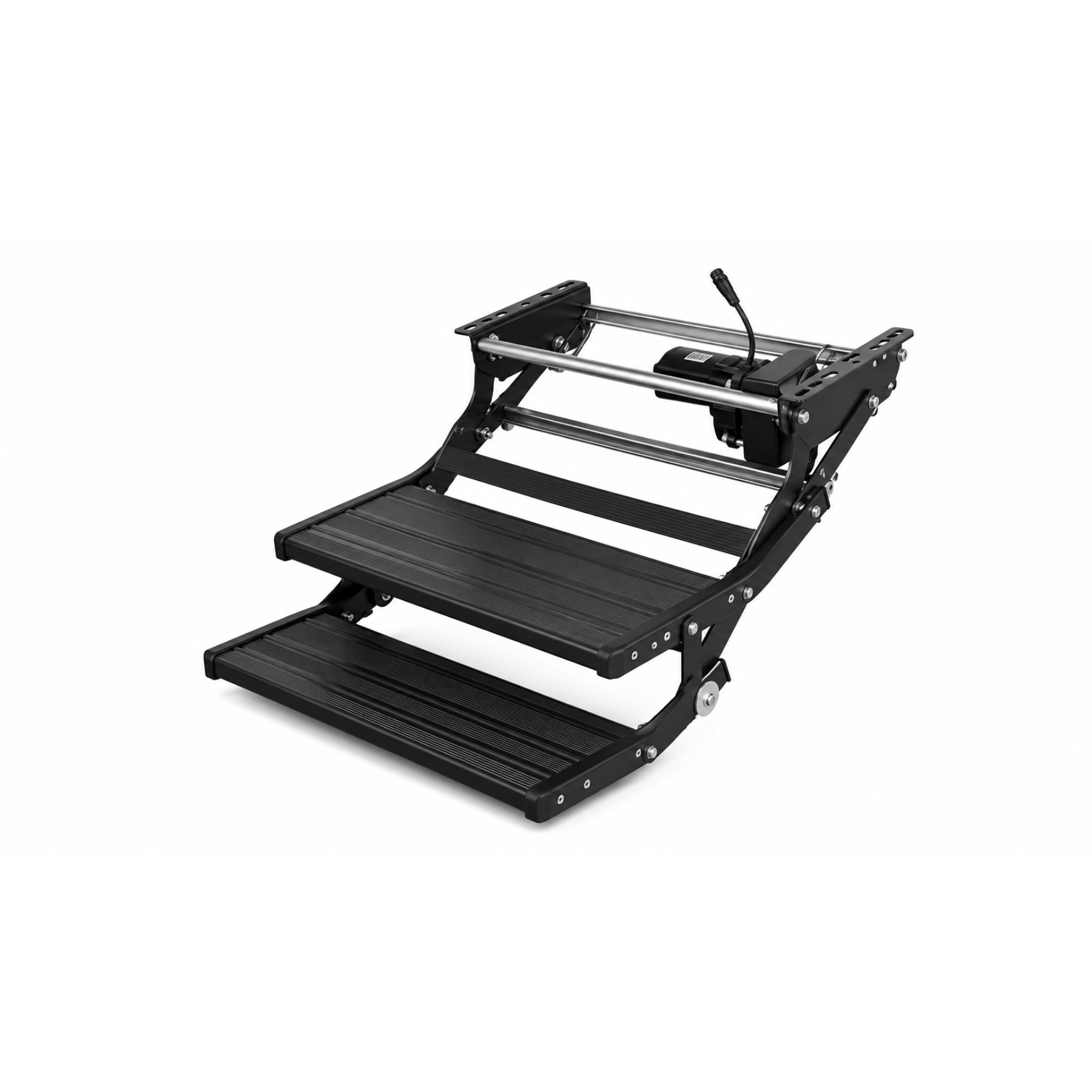 Black electric double caravan step extended, showing the two aluminium treads out ready for use