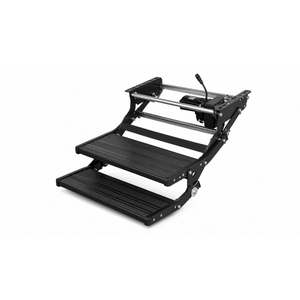 Black electric double caravan step extended, showing the two aluminium treads out ready for use