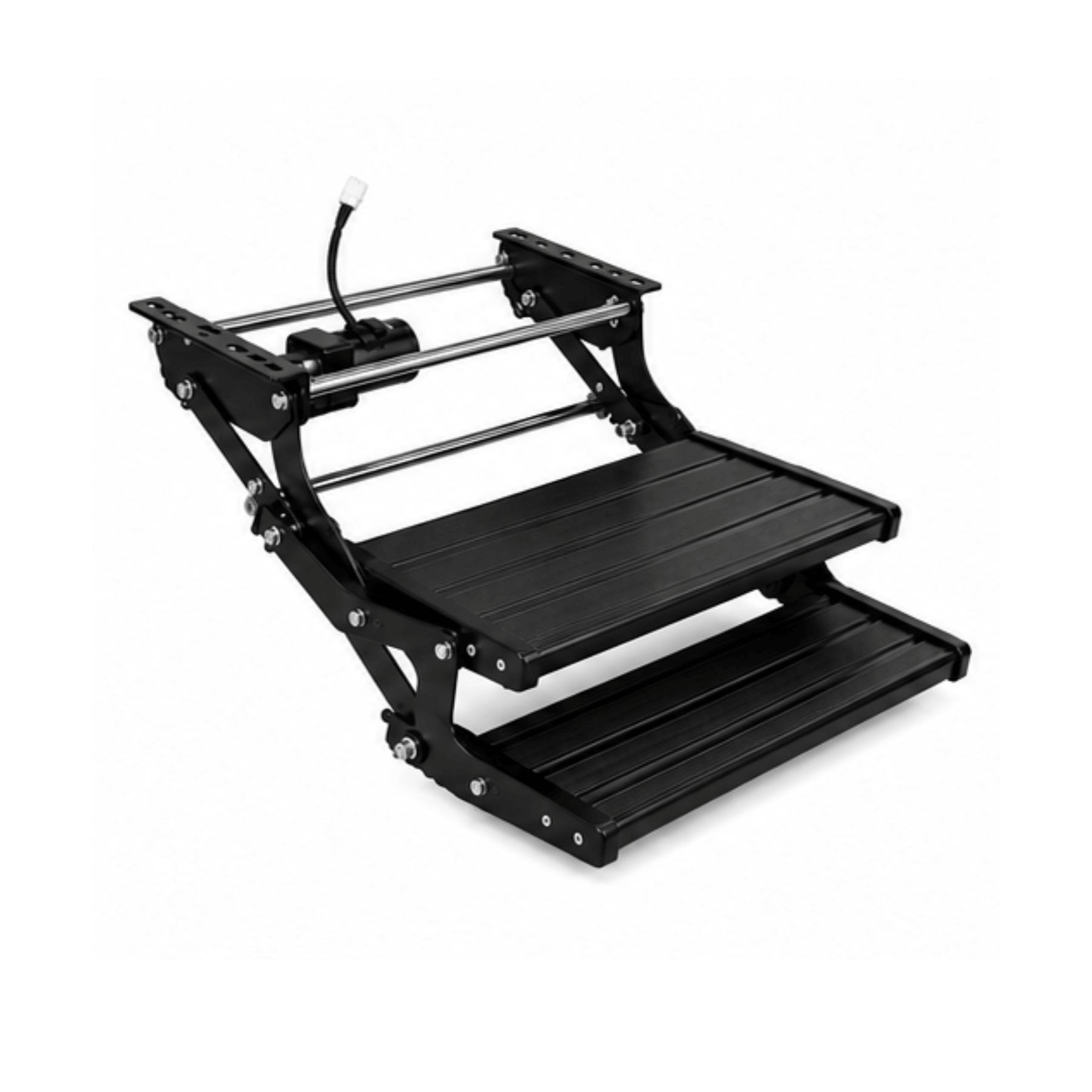 Black electric double caravan step extended, showing the two aluminium treads out ready for use