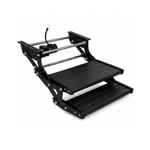 Black electric double caravan step extended, showing the two aluminium treads out ready for use