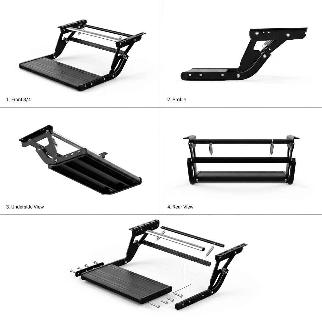 A black metal step ladder shown in five labeled views on a white background: front 3/4, profile, underside, rear, and assembled with hardware. This is not a person-in-environment lifestyle shot; it is a clean product presentation with multiple angles, so subject_type is Product/Packaging.