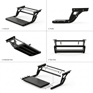 A black metal step ladder shown in five labeled views on a white background: front 3/4, profile, underside, rear, and assembled with hardware. This is not a person-in-environment lifestyle shot; it is a clean product presentation with multiple angles, so subject_type is Product/Packaging.