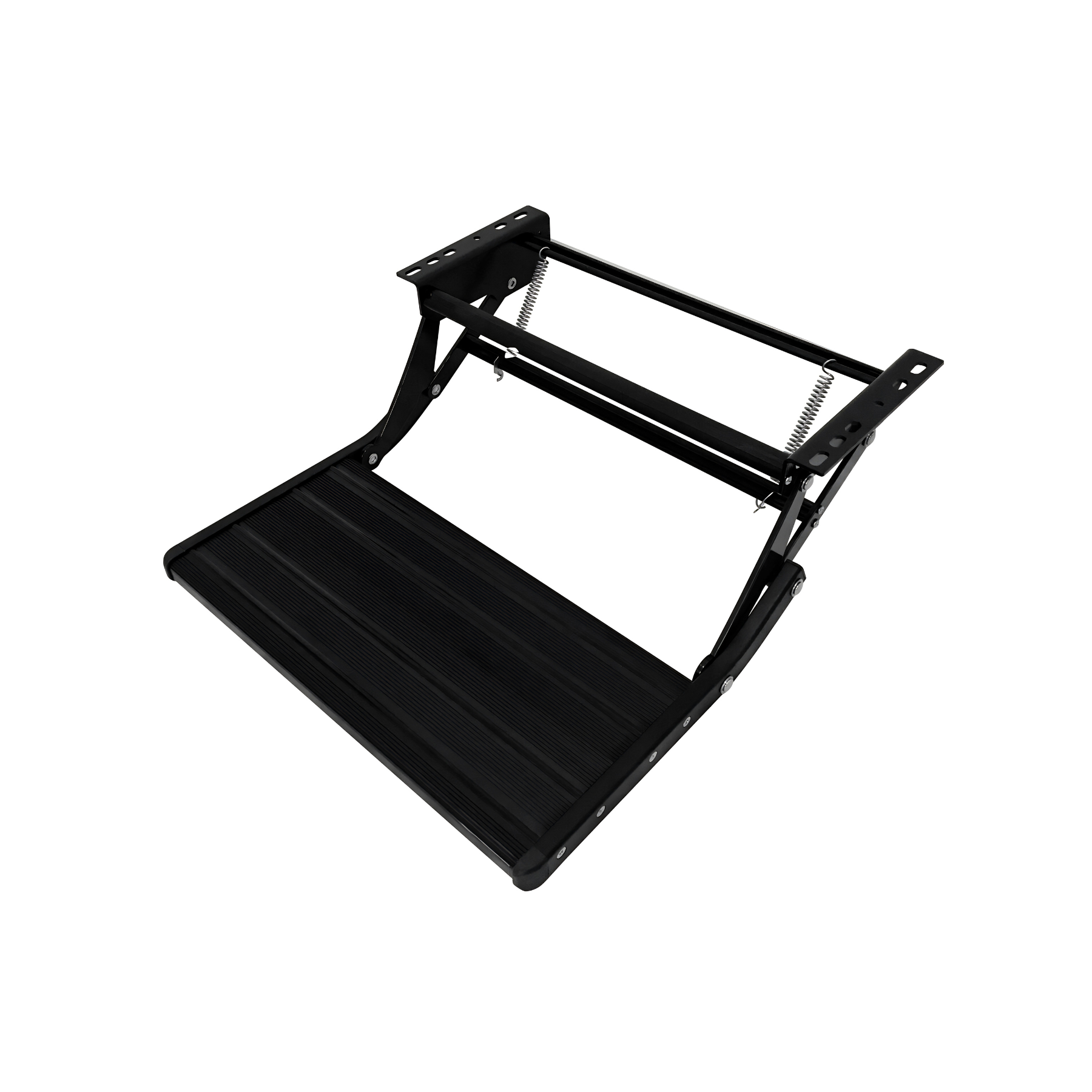 A black metal boat ladder with a textured grip on the step, shown folded open on a plain white background.