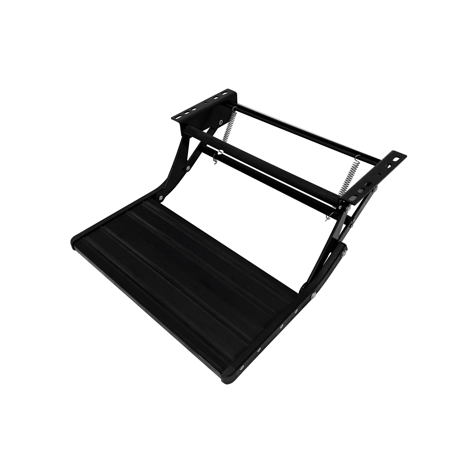 A black metal boat ladder with a textured grip on the step, shown folded open on a plain white background.