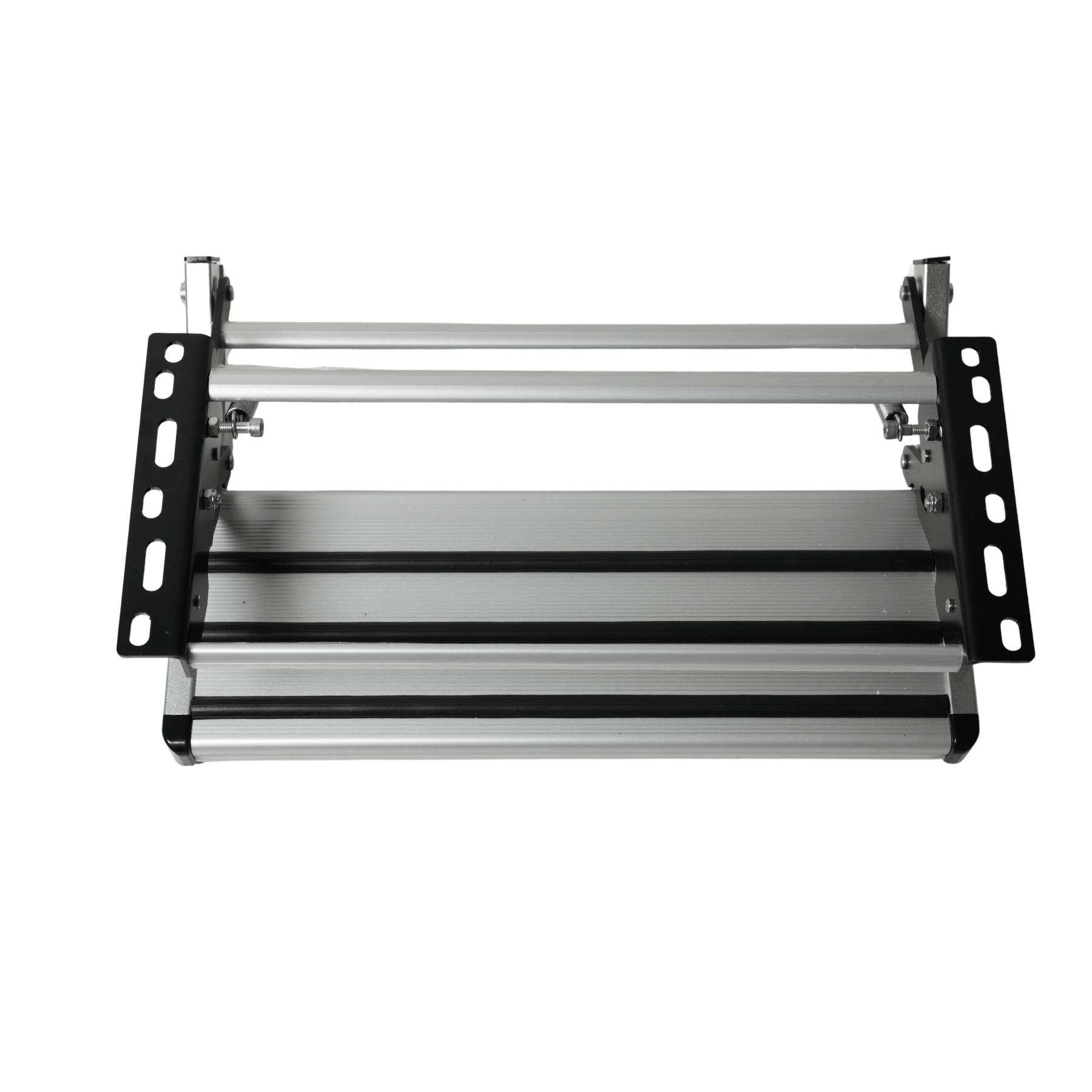 Top view of folded single pull-out caravan step with aluminium tread and 12mm bolt slots