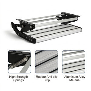 Caravan step close-up of strong springs, rubber grip strips and aluminium tread