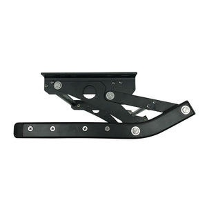 A black metal mechanical bracket or support arm with visible silver screws and bolts, isolated on a plain white background.