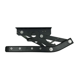 A black metal mechanical bracket or support arm with visible silver screws and bolts, isolated on a plain white background.