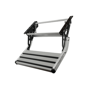 Spring-assisted single caravan step extended, showing black steel pivot arms