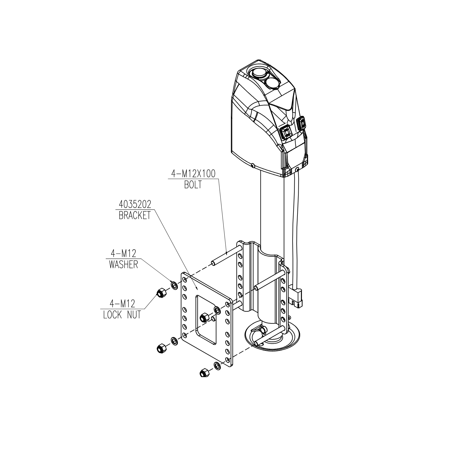 Technical diagram of a mechanical assembly with labeled parts on a white background