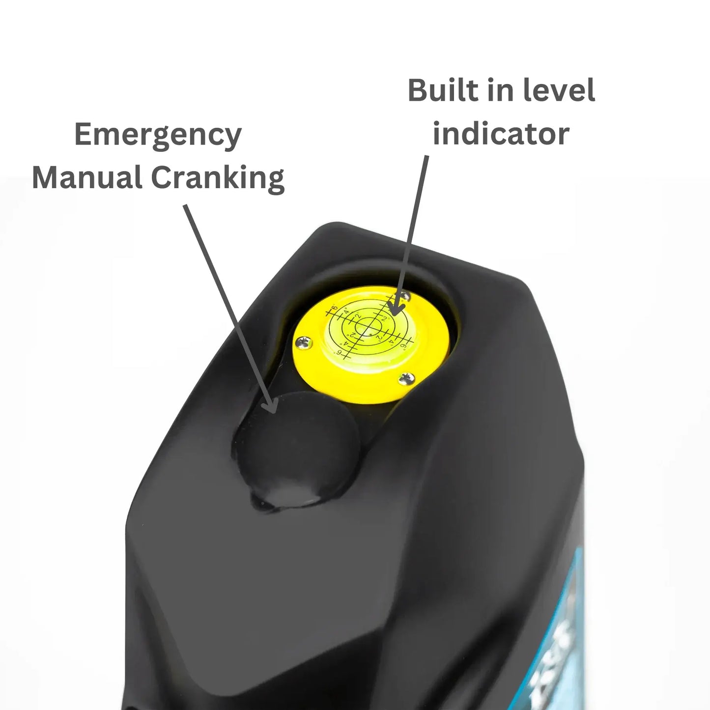 emergency manual cranking and built-in level indicator on a white background