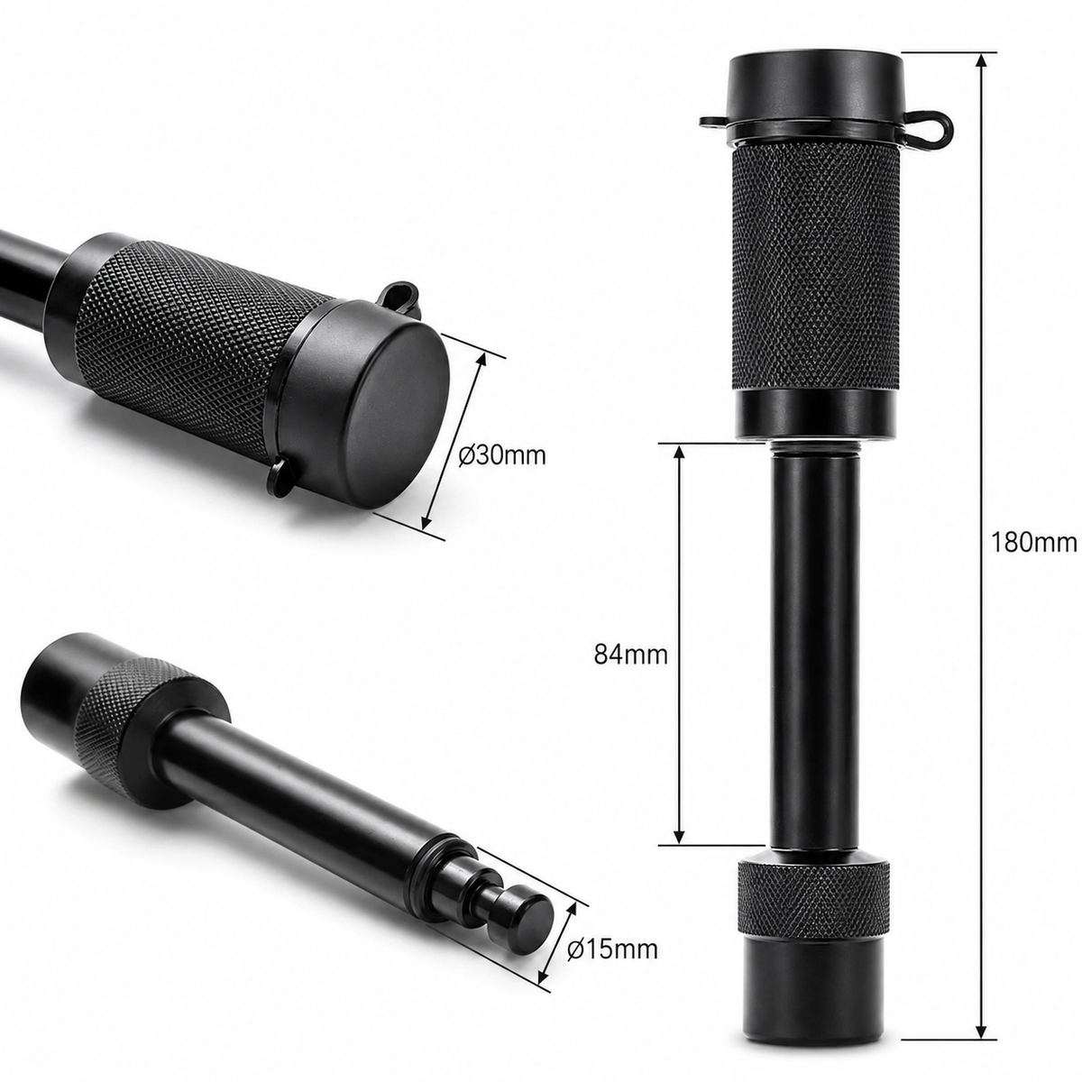 Hitch pin lock dimensions: 180mm overall, 84mm usable length, 15mm pin
