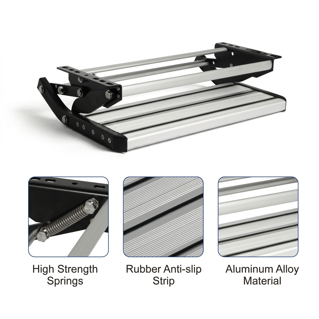 Aluminum step ladder with black metal brackets and silver rails, shown on a white background with three inset detail images highlighting high strength springs, rubber anti-slip strips, and aluminum alloy material.