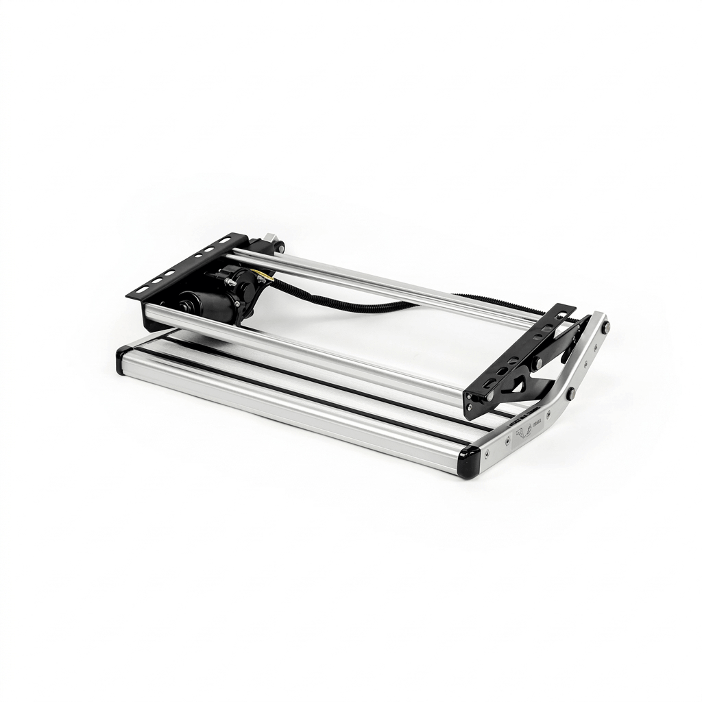 Silver single electric caravan step retracted flat with motor and wiring