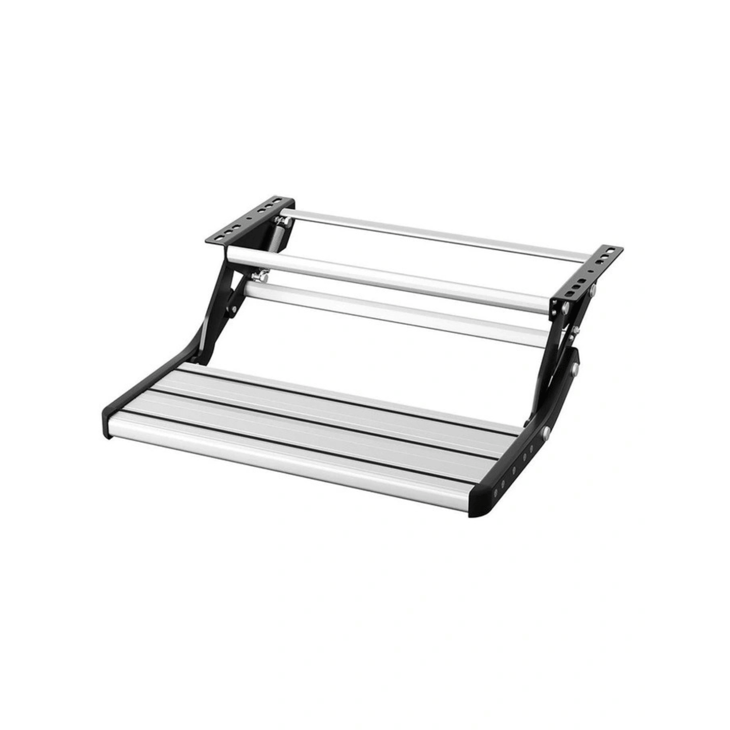 Top view of folded single pull-out caravan step with aluminium tread and 12mm bolt slots