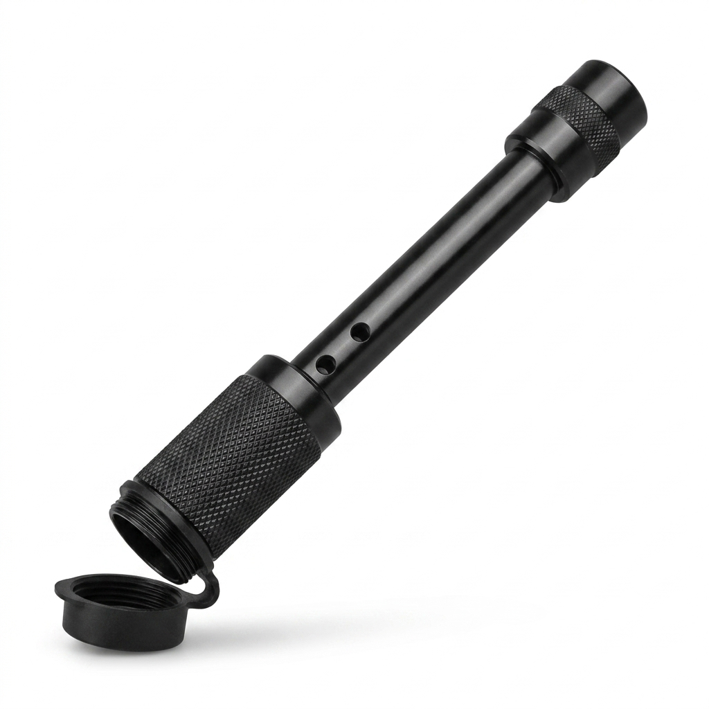 Black locking hitch pin with knurled grips and tethered dust cap