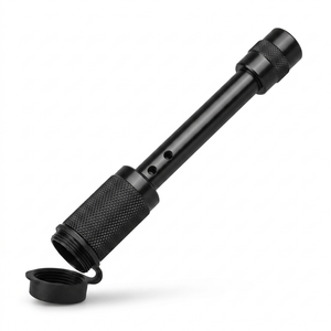 Black locking hitch pin with knurled grips and tethered dust cap
