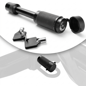 Black locking hitch pin with knurled grips and tethered dust cap