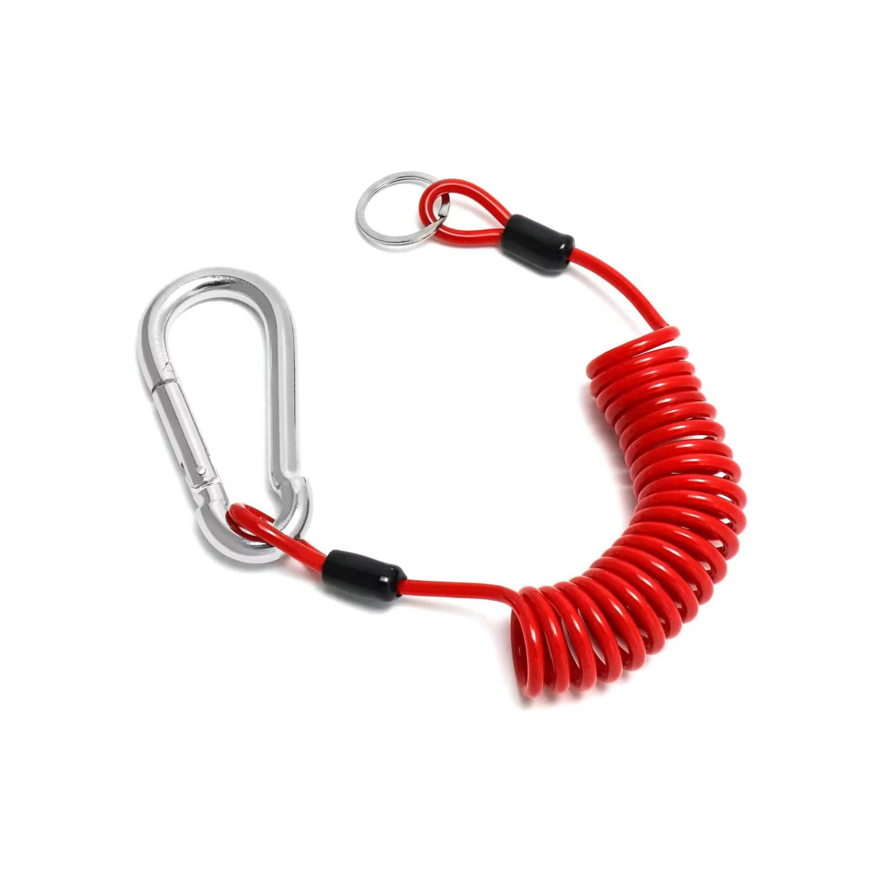 Red coiled breakaway cable stretched between a galvanised trailer drawbar breakaway switch and the rear hitch of a black four wheel drive