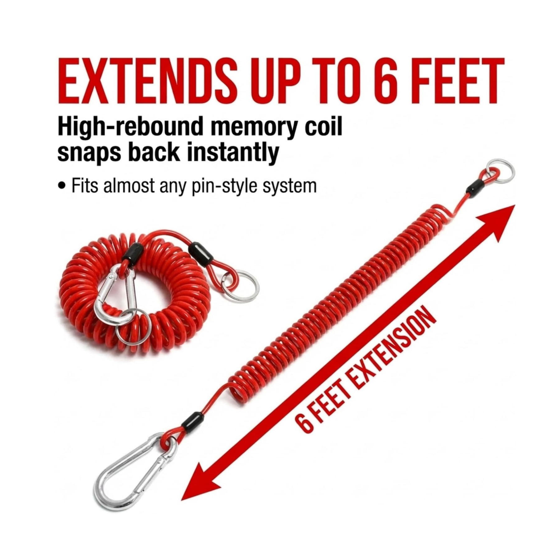 Diagram showing the red breakaway cable retracted in a tight coil beside the same cable stretched out, labelled six feet extension