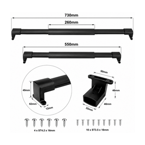Dimensions of the caravan screen door handle: adjustable 550 to 730mm, 260mm grip, with bracket and screw sizes