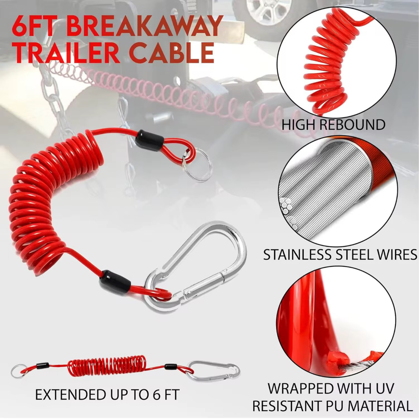 Angled studio view of the red coiled breakaway lanyard with the silver spring clip open to the left and the split ring at the top