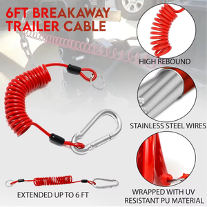 Angled studio view of the red coiled breakaway lanyard with the silver spring clip open to the left and the split ring at the top