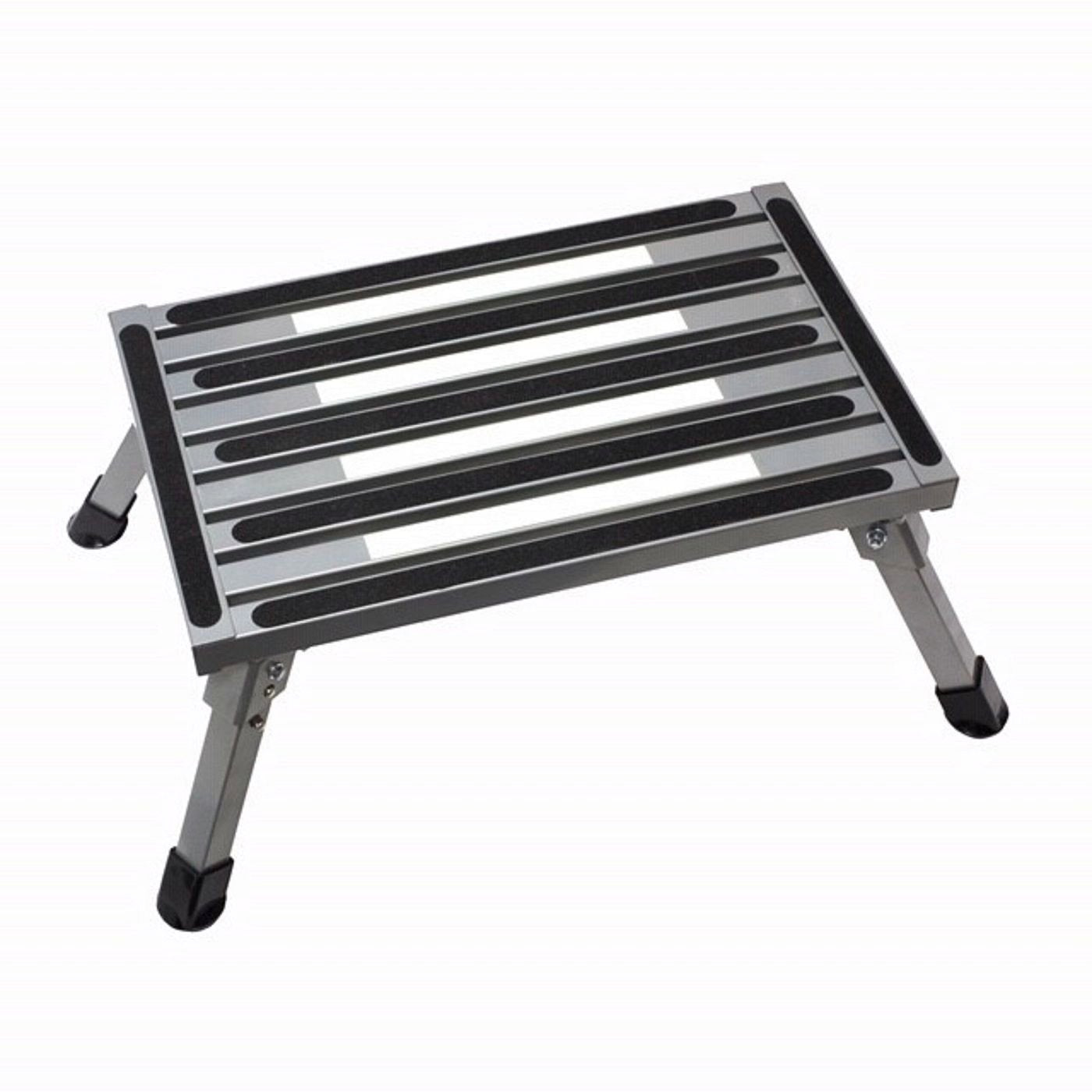 A portable aluminum step stool with black rubberized non-slip grips on the steps and black feet, shown on a plain white background.
