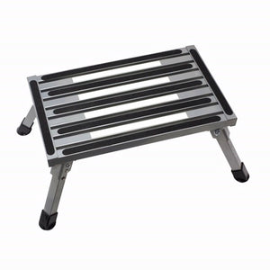 A portable aluminum step stool with black rubberized non-slip grips on the steps and black feet, shown on a plain white background.