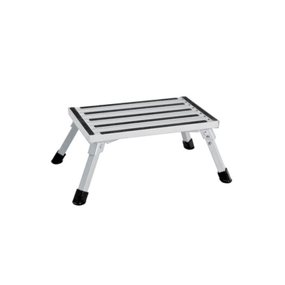 A compact aluminum step stool with a white frame, black textured grip slats on the top, and black rubberized feet, shown on a plain white background.
