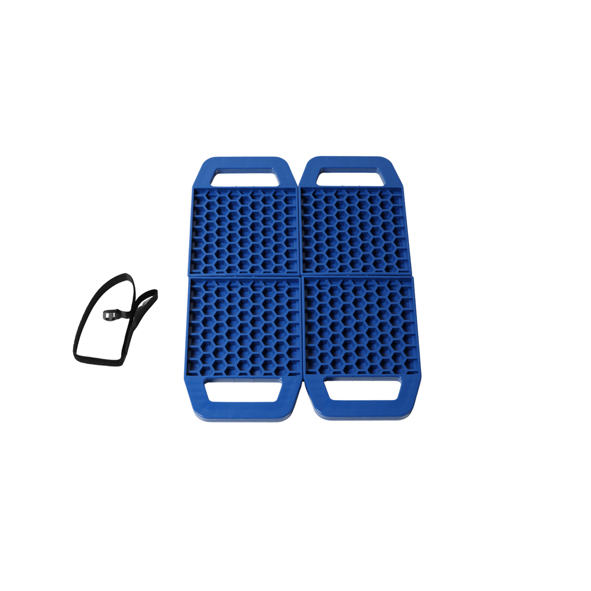 Two blue textured foam pads with integrated handles, shown side by side on a white background, with a small black strap accessory to the left.