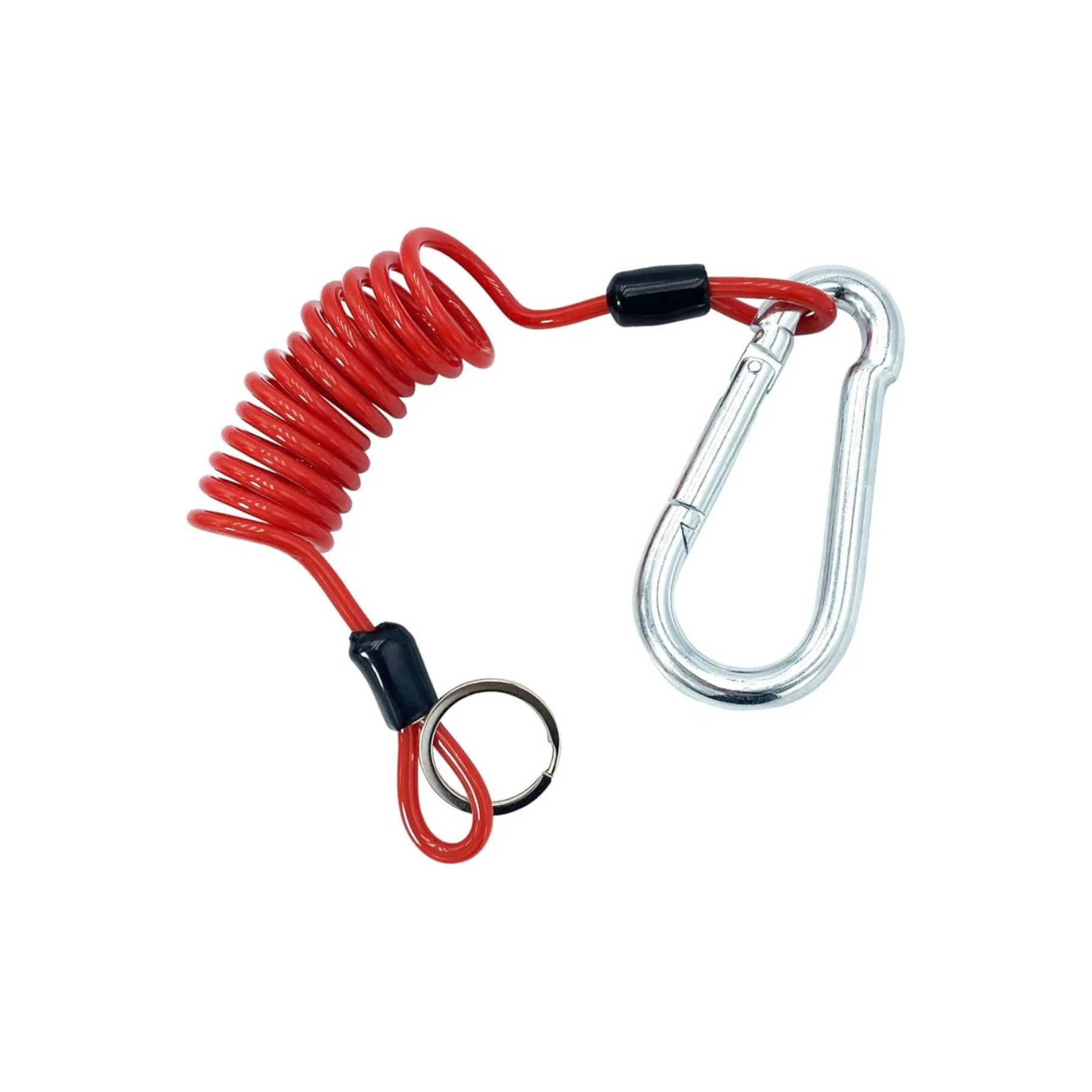 Red coiled breakaway cable on a white background showing the silver spring clip at one end and the metal split ring at the other