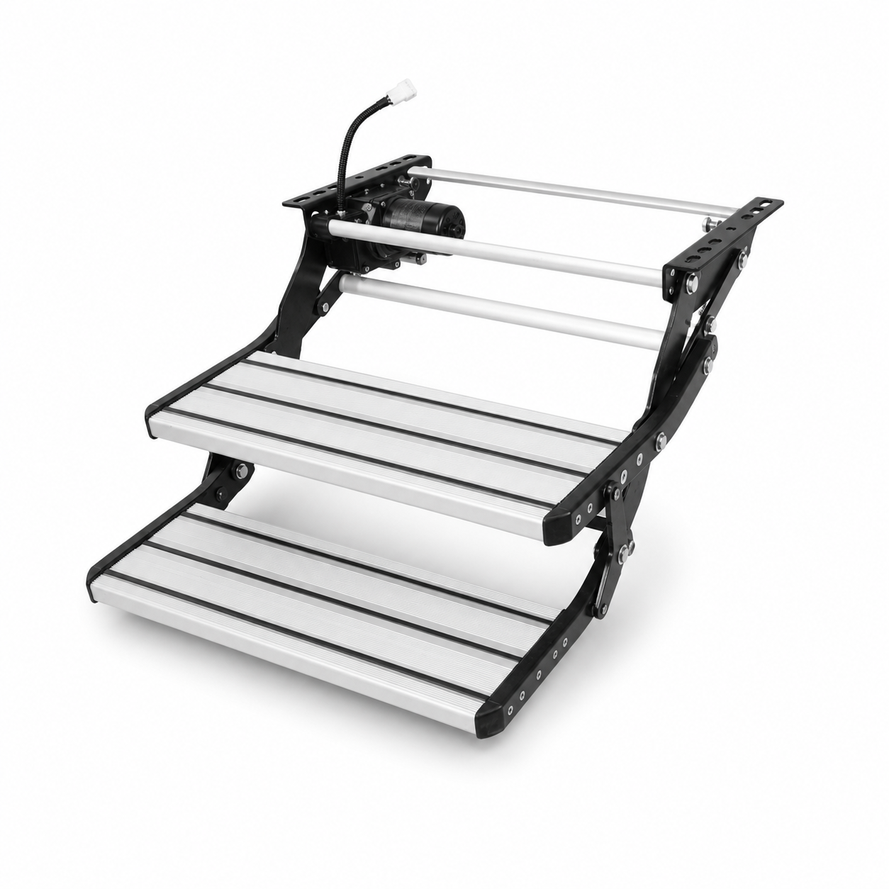 Silver electric double caravan step fully extended with two silver aluminium treads