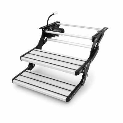 Silver electric double caravan step fully extended with two silver aluminium treads