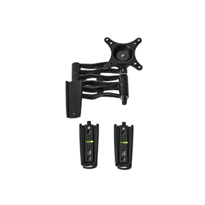 Black adjustable monitor arm with two additional mounting brackets on a white background