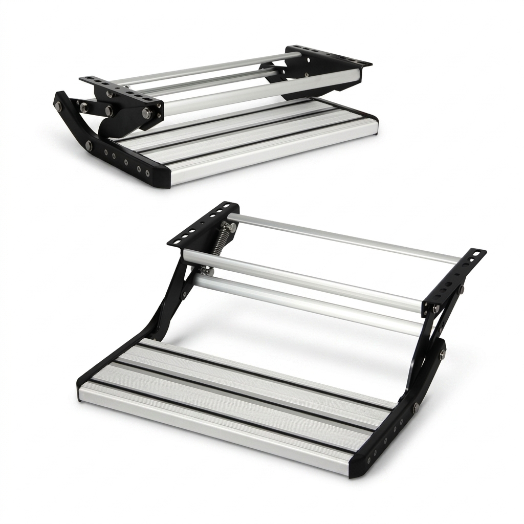Top view of folded single pull-out caravan step with aluminium tread and 12mm bolt slots