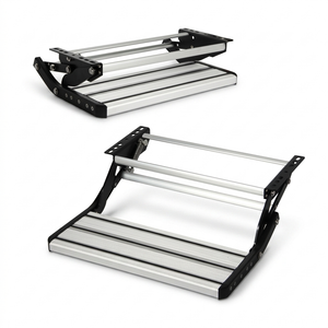 Top view of folded single pull-out caravan step with aluminium tread and 12mm bolt slots