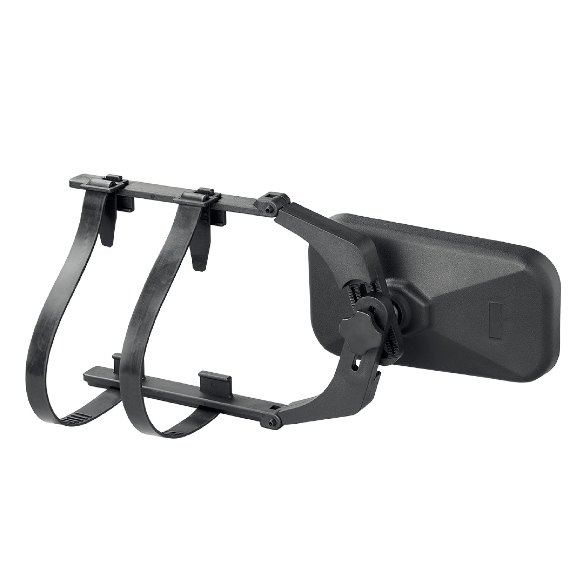 Adjustable RV towing mirror with dual strap mount for safe and easy caravan towing.
