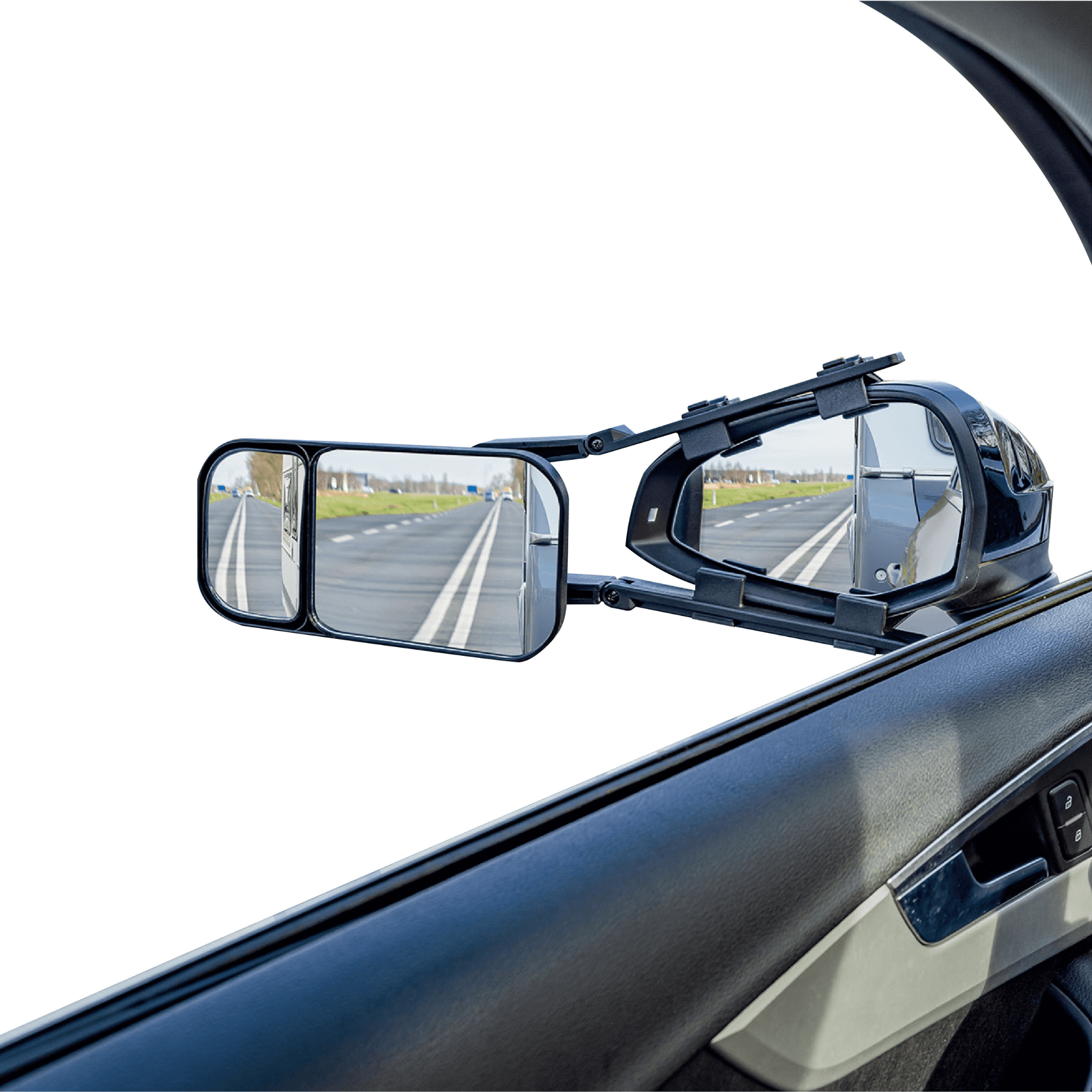 RV Essentials towing mirrors showcasing adjustable design for enhanced visibility while towing caravans and trailers.