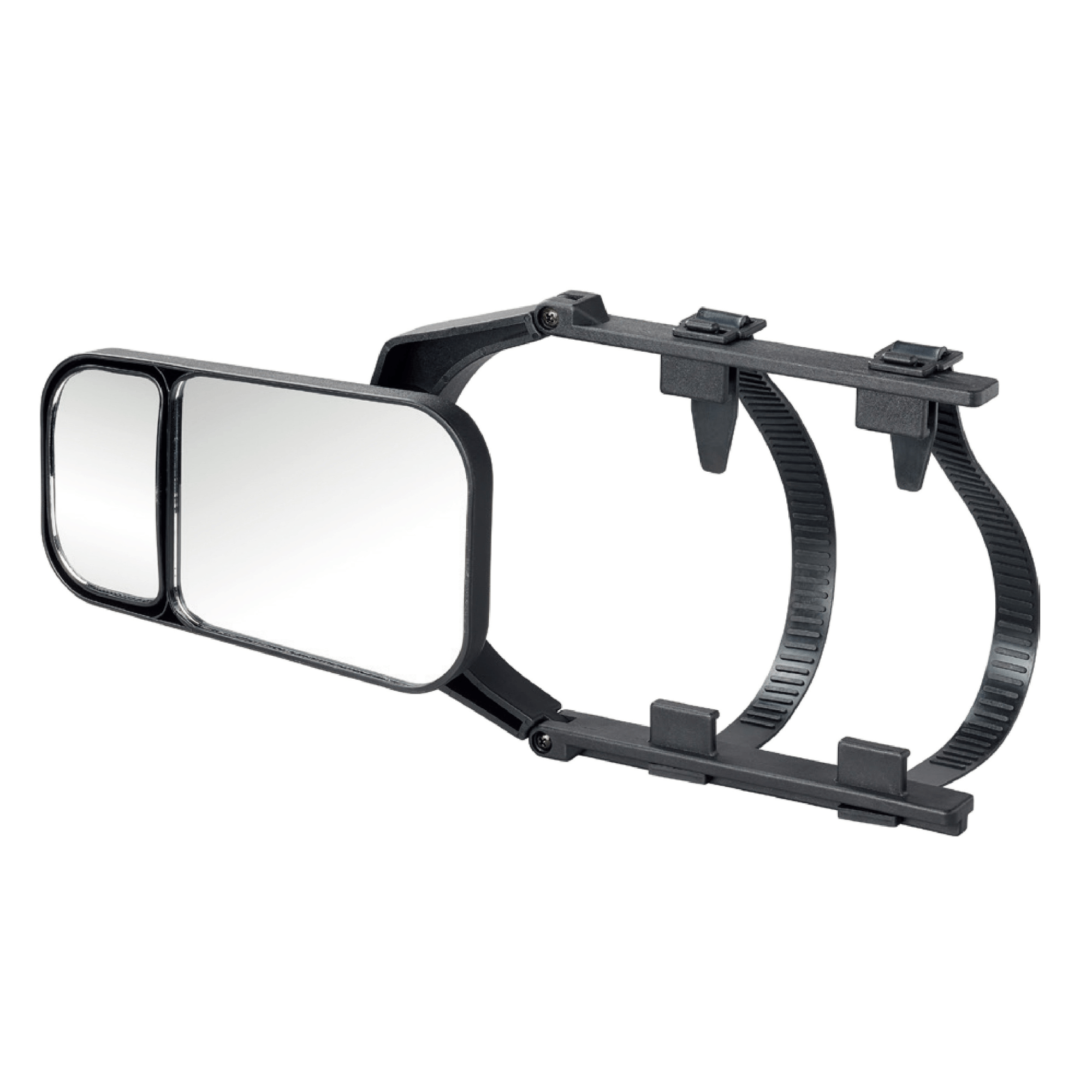 Adjustable RV towing mirror with dual lenses for enhanced visibility while towing caravans and trailers.