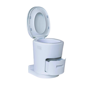 A portable toilet seat with an open lid and a small front storage drawer, shown on a plain white background.